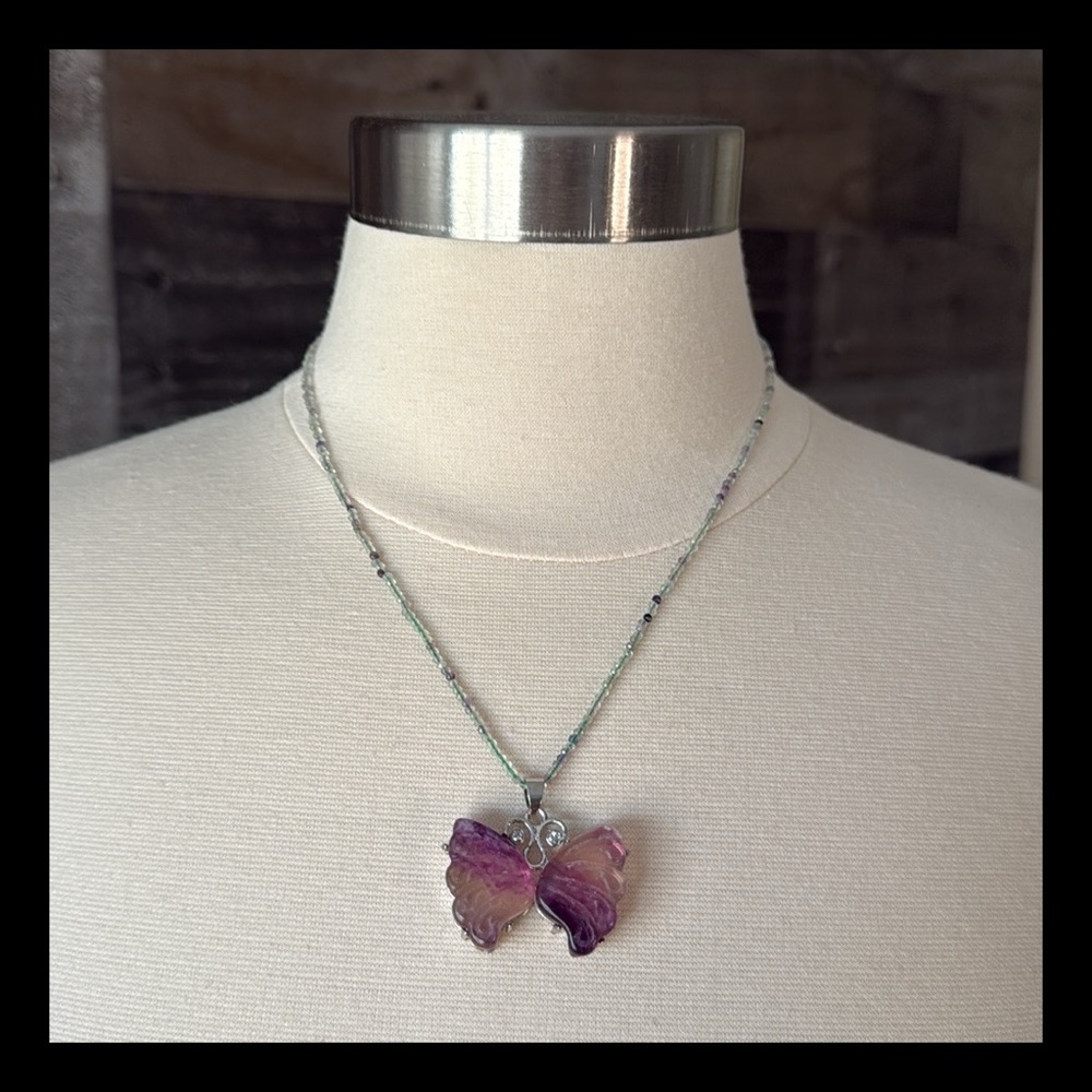 Handmade fluorite gemstone beaded necklace butterfly 18 inch elegant festival